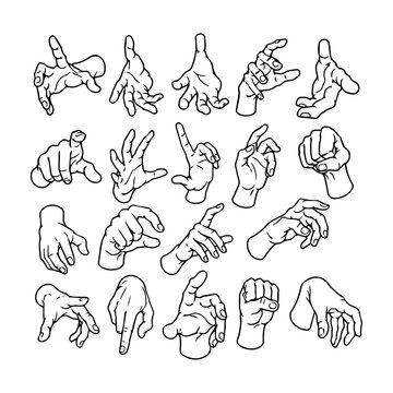 Collection of hand drawn human gestures showing different poses for anatomical reference and character expression.