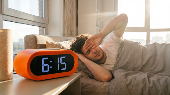 A young man wakes up early in the morning. Getting up early for work at the office, the buzzer overslept