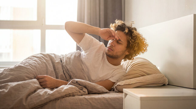 A young man wakes up early in the morning. Getting up early for work at the office, the buzzer overslept