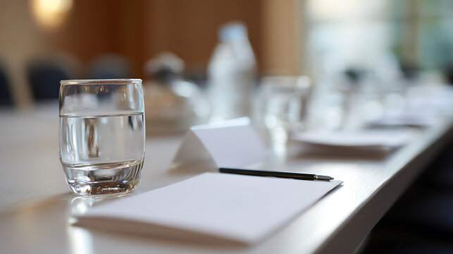 Clear Glass of Water, Notepad, and Pen on a Bright Conference Table Ready for a Business Meeting or Educational Seminar Session
