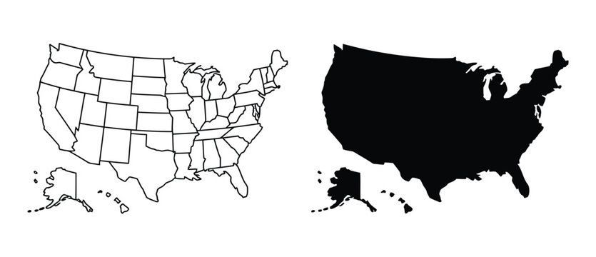 USA political map vector set with detailed state outlines, blank and filled high contrast United States maps for infographic design, geographic visualization, education, data mapping, and graphic proj