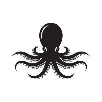 Black silhouette of an octopus with tentacles spread. Graphic illustration representing marine life and sea creatures.