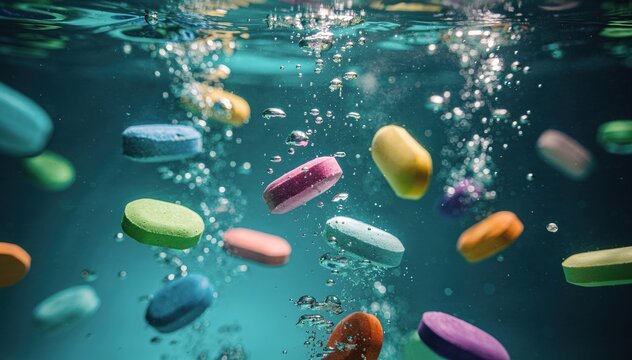 Colorful Pills and Tablets Dissolving Underwater with Bubbles, Floating Medicine Capsules, and Abstract Pharmaceutical Health Concept