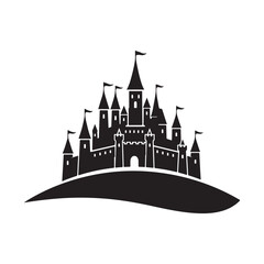 Black silhouette of a fairytale castle on a hill. Symbolizing fantasy, dreams, and imagination. © Zulfa