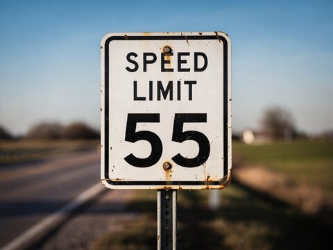 Weathered Speed Limit 55 Road Sign on Rural Highway with Blurred Countryside Background and Clear Blue Sky
