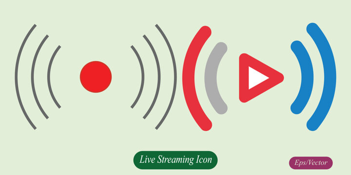 A set of live streaming icons featuring a red record dot and a play button, both surrounded by signal waves, isolated on a light green background.