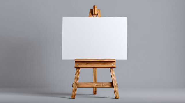 Empty Wooden Easel with Blank White Canvas on a Neutral Gray Background, Ready for Art, Design, or Presentation Content, Isolated Studio Shot