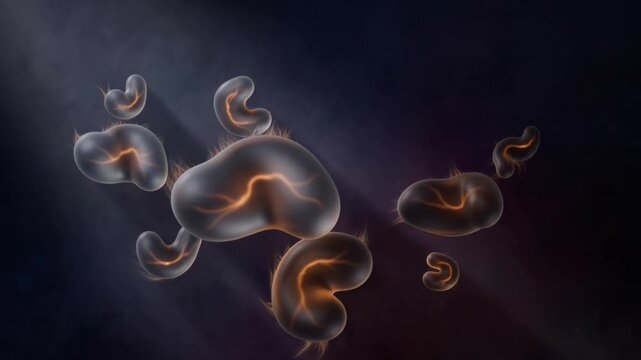 Microscopic 3D animation of glowing bacteria or cells floating in dark fluid