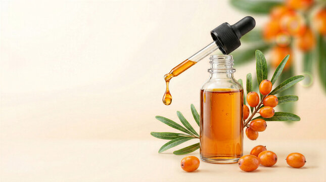 Golden sea buckthorn oil dripping from a glass pipette into an open bottle with berries. Works for ingredient stories, product inserts, web headers and beauty ads.