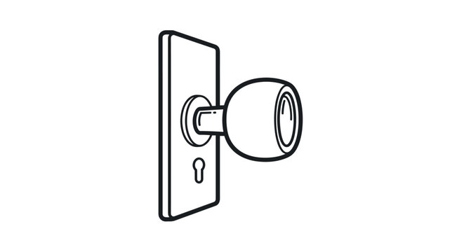 Detailed black and white line drawing of a classic round door knob with a backplate and a separate keyhole shown from the side.