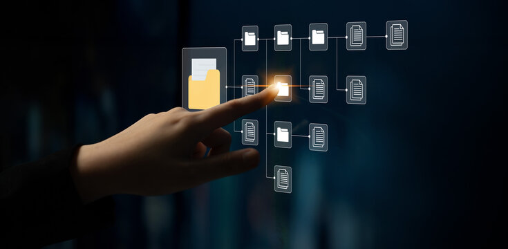 A close-up of a hand interacting with a digital interface showcasing file management and data organization concepts, emphasizing technology and user interaction in modern workflows. Cyphers