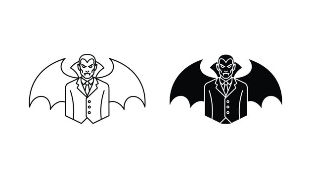 Vampire character with bat wings halloween icon in outline and solid black style vector illustration