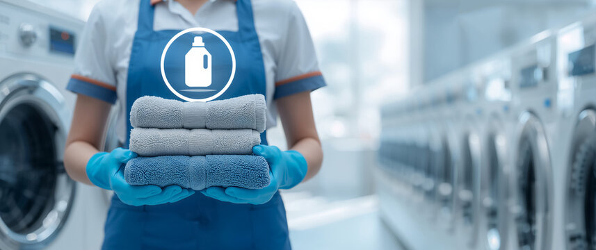 A woman with gloved hands holds a stack of clean towels in a laundry room