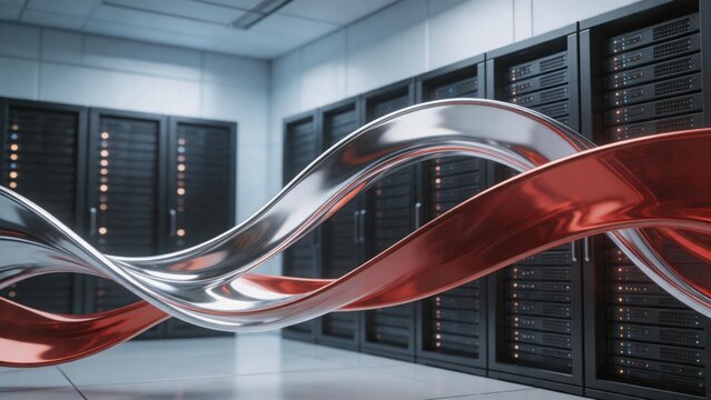 Server room with abstract metallic ribbons