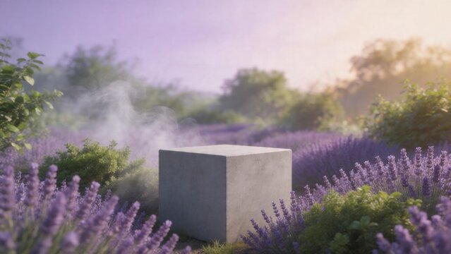 Lavender field with concrete cube