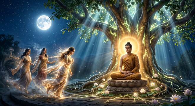 Mystical Buddha meditating beneath glowing Bodhi tree at night with celestial female spirits, moonlight rays and sacred lotus flowers in an ethereal spiritual enlightenment scene