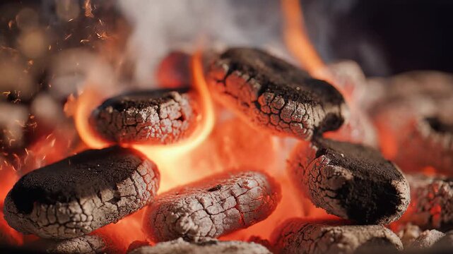 Closeup shot of glowing hot charcoal briquettes burning intensely with vibrant orange flames.