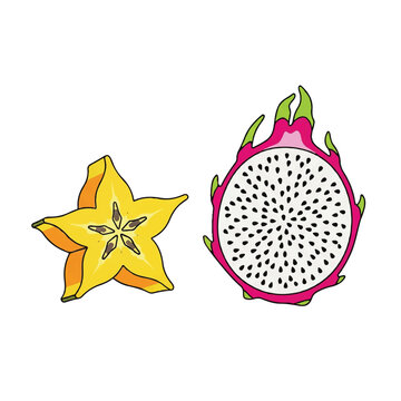 Side-by-side comparison of a starfruit slice and a dragonfruit half. High contrast color palette of bright magenta, vibrant yellow, and deep black for seeds. Symmetrical shapes with sharp,