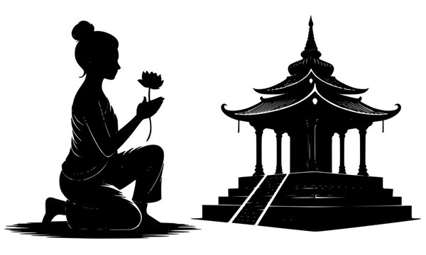 Black silhouette of a woman kneeling with a lotus flower praying beside a traditional Asian pagoda temple, perfect for spiritual, Buddhist, and cultural design concepts