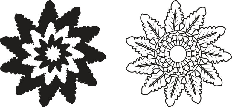Geometric mandala design set featuring intricate circular floral pattern with layered leaf segments.