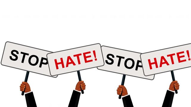 Animation of diverse hands holding protest signs with Stop Hate message