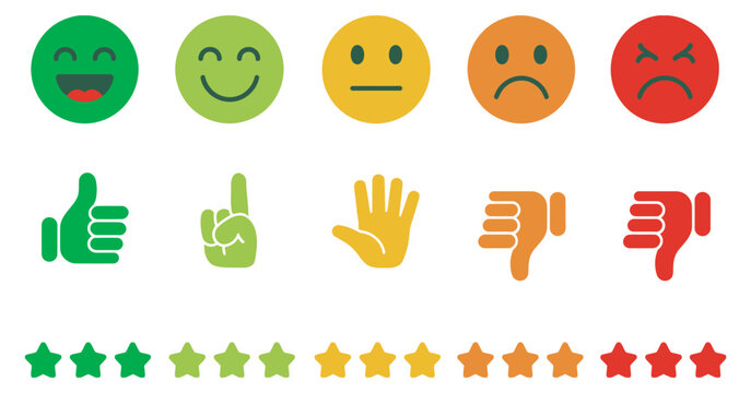 Vector rating system set, colorful emojis thumbs-up gestures star icons, customer feedback service quality satisfaction survey, isolated UI elements