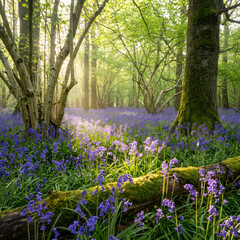 Fototapeta premium Enchanted Forest: A sunlit glade unfolds, where a carpet of vibrant bluebells carpets the forest floor, bathed in the soft glow of dappled sunlight filtering through the canopy. 