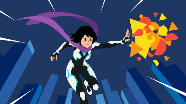female superhero flying with purple cape in futuristic geometric cityscape with glowing neon explosion