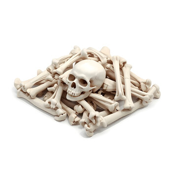 Pile of white bones and skull on white background