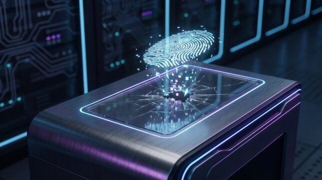 Futuristic Biometric Security Scene with Fingerprint Scan, Data Leak and Neon Glow, Cybersecurity Authentication Failure and Identity Theft Concept