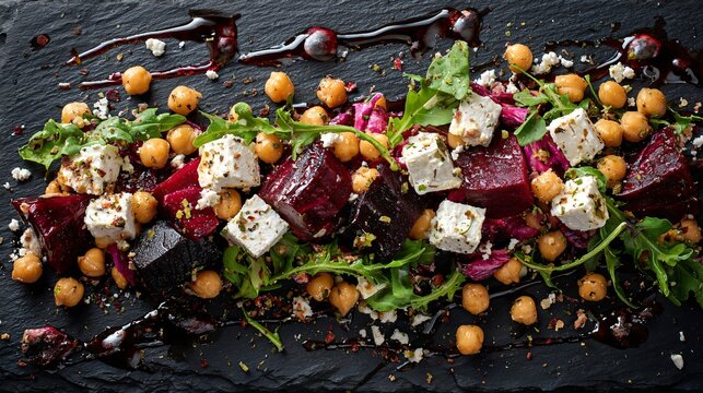 Top view of a beetroot and feta salad on a bright white surface with high-key lighting and almost invisible shadows
