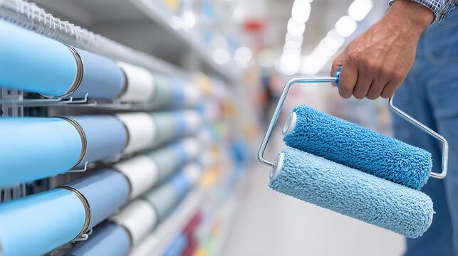 Hand Holding Paint Roller in Blue Paint Display