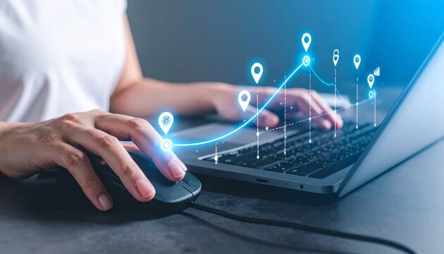Laptop user analyzing glowing data graph digital performance metrics
