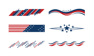 American flag themed abstract ribbons and banners set. Geometric and wavy borders with stars and stripes for USA patriotic graphic design elements. © MD