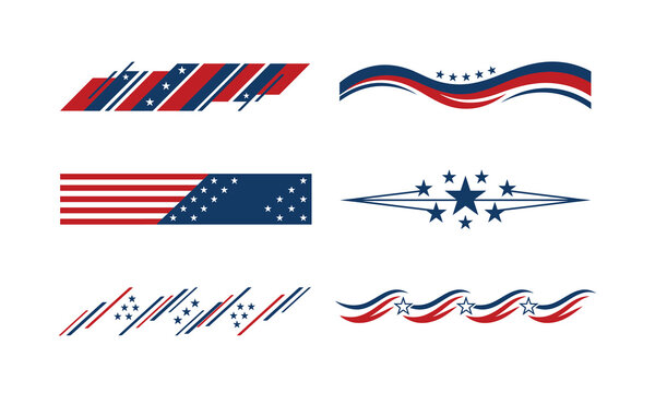 American flag themed abstract ribbons and banners set. Geometric and wavy borders with stars and stripes for USA patriotic graphic design elements.