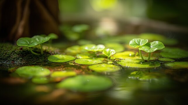 Tiny Green Leaves Gently Floating on the Water Surface