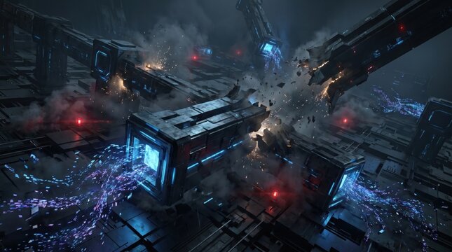 Wide Cinematic Scene of Digital Network Collapse with Broken Nodes and Escaping Data Streams, Cybersecurity Breach and System Failure Concept in Dark Futuristic Environment