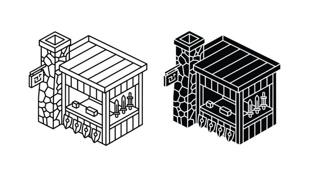 Isometric blacksmith shop icon set featuring stone chimney and weapon display in line and solid black styles for gaming asset design and fantasy world building projects isolated on white background