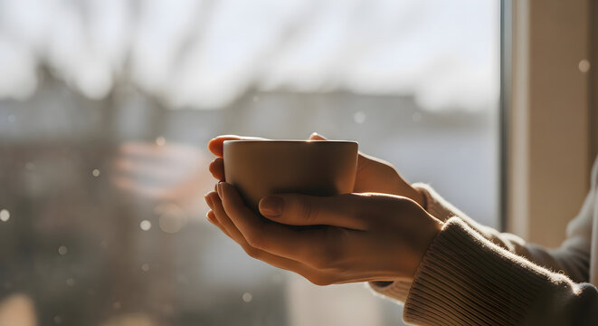 Person holding a warm cup, feeling relaxed, near a sunlit window