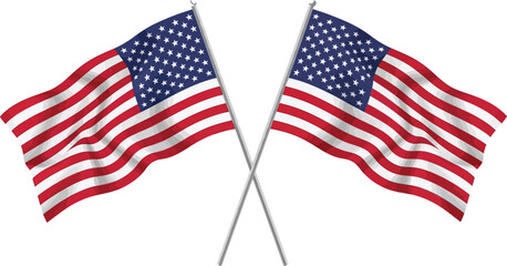 Two american flags waving on crossed poles isolated on transparent background