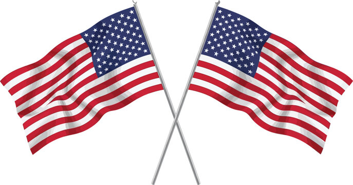Two american flags waving on crossed poles isolated on transparent background