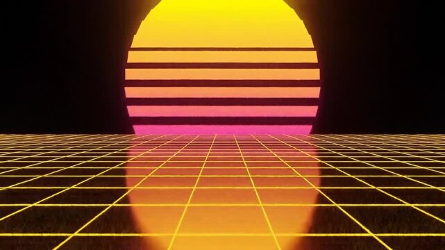 Neon sunset grid background with yellow and pink hues futuristic VHS style