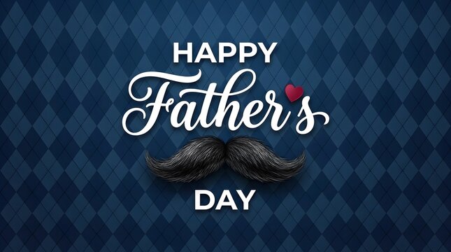 Happy fathers day blue argyle pattern background with a mustache and small heart.
