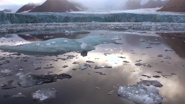 Experience the serene power of an Arctic glacier shedding immense ice into calm polar waters.