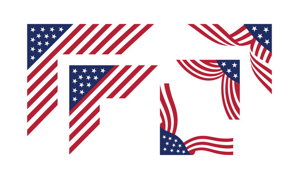 American flag corner borders vector collection. Geometric stripes and wavy ribbon frames for patriotic USA holiday and 250th anniversary templates.