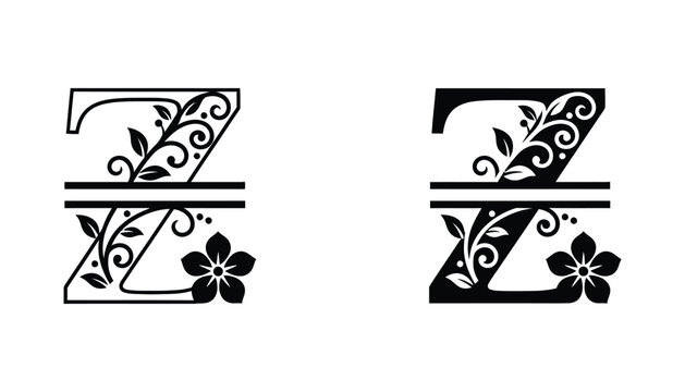 Elegant uppercase letter Z split monogram design with intricate floral ornamentation and blooming flower elements vector illustration