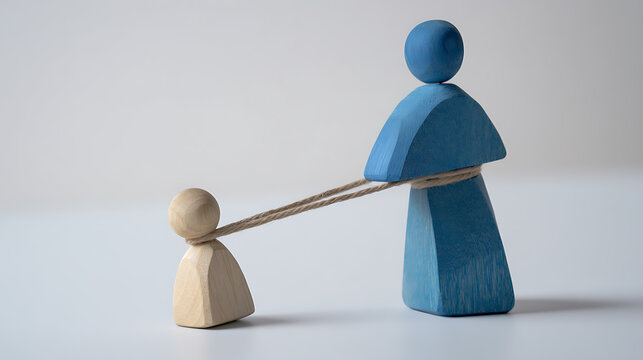 Abstract wooden figures illustrate control and dependency with one figure tethered to another, symbolizing complex relational dynamics and social issues