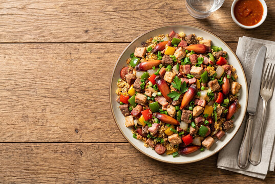Entrevero - Traditional Southern Brazilian Entrevero with Pinh&atilde;o Arauc&aacute;ria Seed Mixed Meats with Copy Space