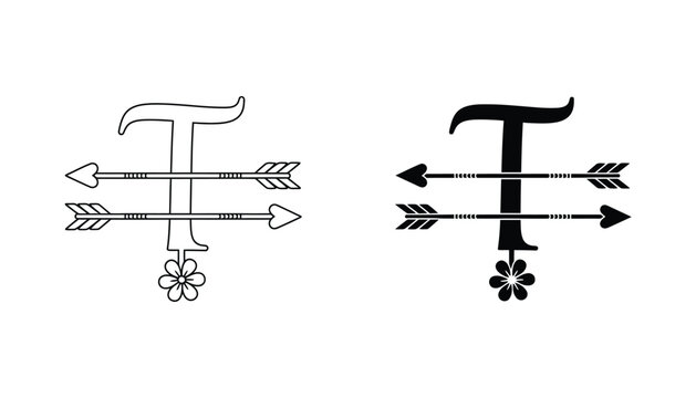Bold uppercase letter T monogram design with crossed arrows and delicate flower accent symbolizing strength nature vector illustration