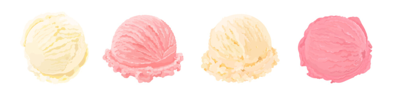 Set of cartoon vanilla and strawberry ice cream scoop. Tasty summer dessert illustration isolated on white background. Perfect for menu, packaging and dessert design.